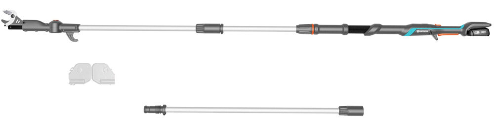 Nożyce do gałęzi GARDENA HighCut 360-18V P4A 14776-20 akumulatorowe w zestawie akumulator teleskopowy trzonek osłona ostrza instrukcja obsługi w języku polskim karta gwarancyjna
