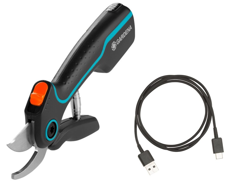 Sekator GARDENA Assistcut 12222-20 akumulatorowy zestaw na białym tle w zestawie sekator kabel USB-A/USB-C dokumentacja