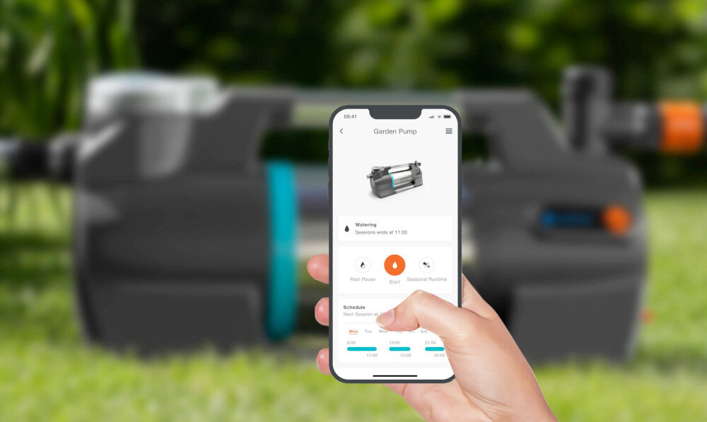 Pompa do wody GARDENA Silent Comfort 09058-20 6300 elektryczna modul Bluetooth dzialanie w odleglosci do 10 metrow aplikacja GARDENA ustawienie harmonogramow minutnik przypomnienia o treminie czyszczenia filtra