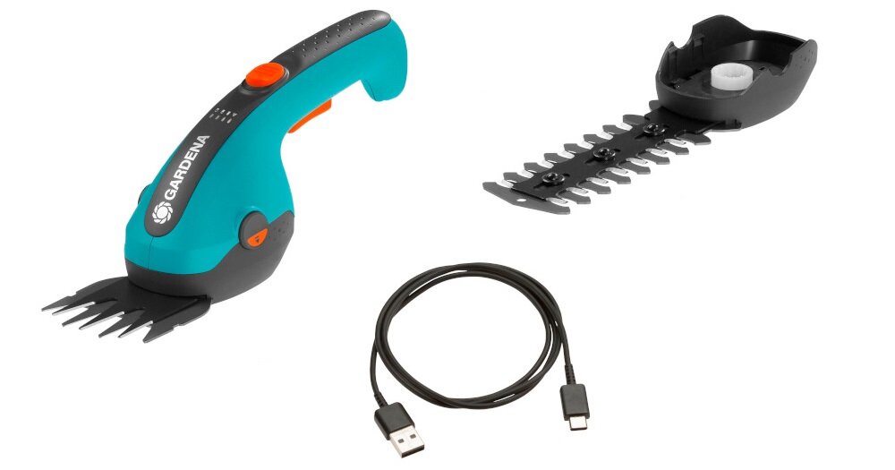 Nożyce do żywopłotu - trawy GARDENA ClassicCut Li 9888-20 w zestawie akumulator przewód USB-C dokumentacja