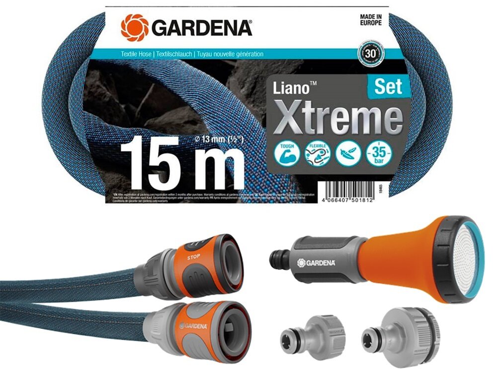 Wąż ogrodowy tekstylny GARDENA Liano Xtreme zestaw 1-2 cala 15 m 18465-20 zestaw elementy Original GARDENA System zraszacz przylacza kranowe 18225/18220 dokumentacja