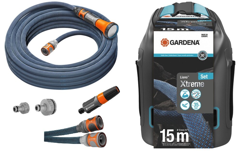 Wąż ogrodowy tekstylny GARDENA Liano Xtreme zestaw z workiem 1-2 cala 15 m 18468-20 zestaw elementy Original GARDENA System dysza zraszajaca przylacza kranowe 18225/18220 worek do przechowywania dokumentacja