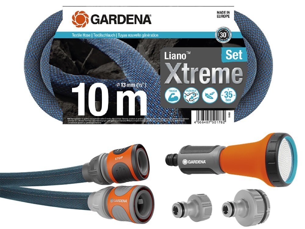 Wąż ogrodowy tekstylny GARDENA Liano Xtreme zestaw 1-2 cala 10 m 18460-20 zestaw elementy Original GARDENA System zraszacz przylacza kranowe 18225/18220 dokumentacja