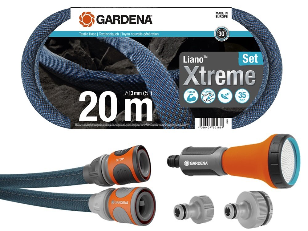 Wąż ogrodowy tekstylny GARDENA Liano Xtreme zestaw 1-2 cala 20 m 18470-20 zestaw elementy Original GARDENA System zraszacz przylacza kranowe 18225/18220 dokumentacja