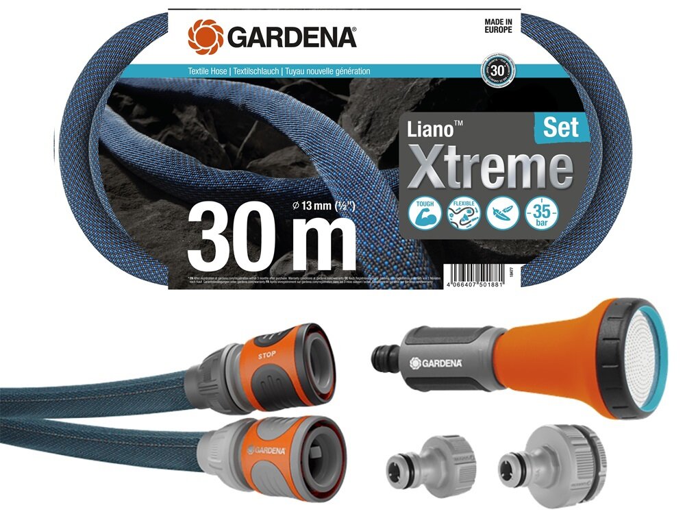 Wąż ogrodowy tekstylny GARDENA Liano Xtreme zestaw 1-2 cala 30 m 18477-20 zestaw elementy Original GARDENA System dysza zraszajaca przylacza kranowe 18225/18220 dokumentacja