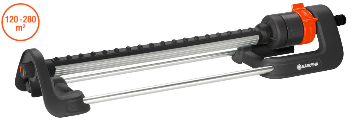 Zraszacz GARDENA Aqua L 18704-20, przestrzenie, centymetr, murawa, Równomierny, na białym tle zraszacz z logotypem obsługi podlewania przestrzeni