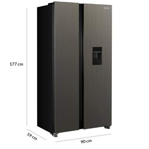 Lodówka MPM-439-SBS-15/ND z oznaczeniem poszczególnych wymiarów: 177 cm x 59 cm x 90 cm.
