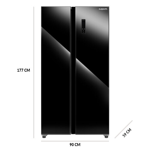 Lodówka Side by Side MPM-427-SBS-06/NL z oznaczeniem poszczególnych wymiarów: 177 cm x 90 cm x 59 cm.