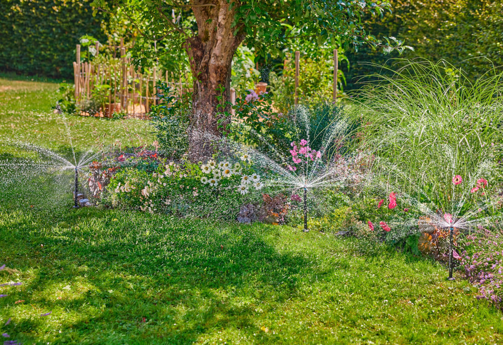 Zraszacz GARDENA MD40 8239-20 ogród trawnik trawa kilka zraszaczy podlewa trawę w tle krzewy drzewa kwiaty automatyczne podlewanie pielęgnacja ogrodu oszczędność