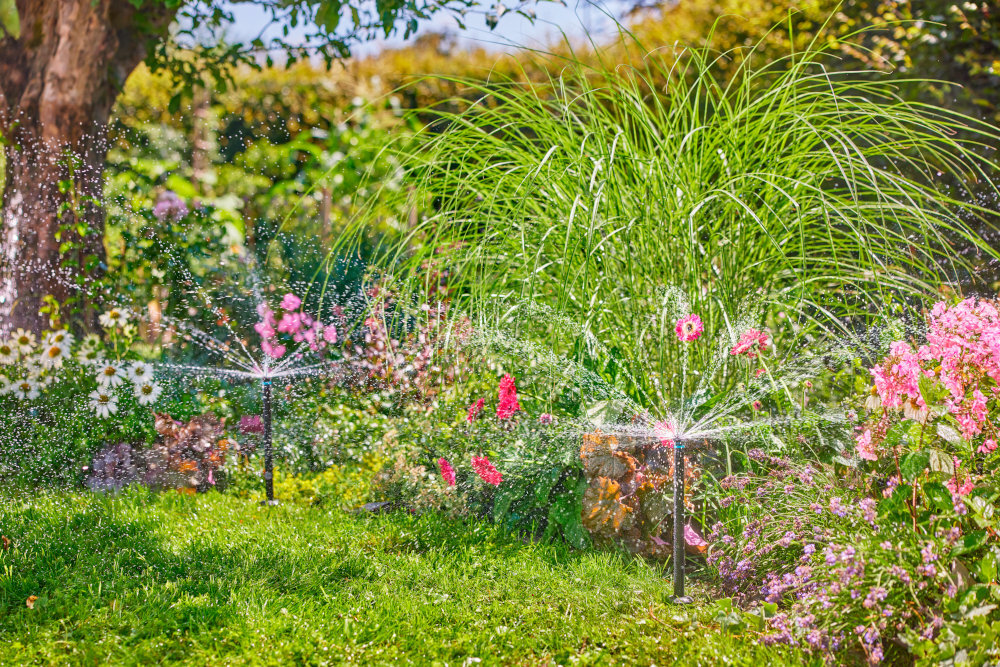 Zraszacz GARDENA MD40 8239-20 ogród trawnik trawa kilka zraszaczy podlewa trawę w tle krzewy drzewa kwiaty ustawienie sektora nawadniania w zakresie od 80° do 360° nie wymaga dodatkowych narzędzi