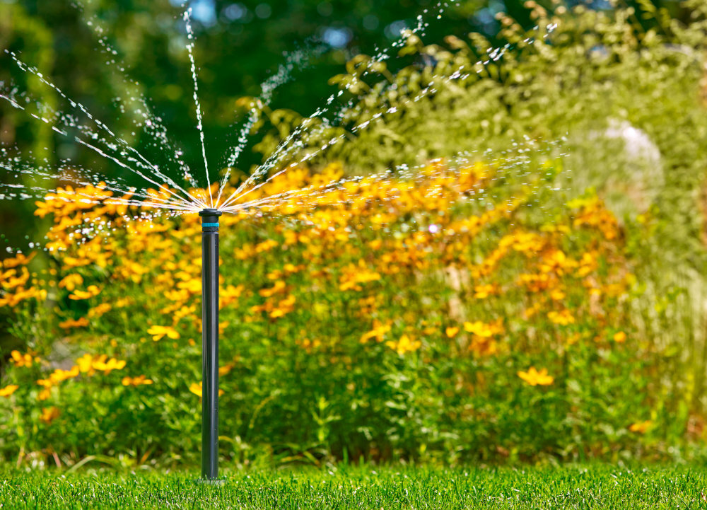 Zraszacz GARDENA MD40 8239-20 ogród trawnik trawa zraszacz podlewa trawę w tle kwiaty krzewy do ogrodów o powierzchni od 13 do 40 m² możliwość płynnej regulacji elastyczność w planowaniu systemu