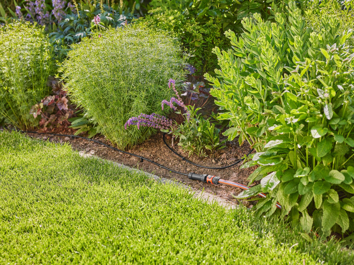 Linia kroplująca GARDENA Micro-Drip-System 1362-29 (15 m), woda, podlewanie, krople, linia, linia kroplująca leży wśród rabat