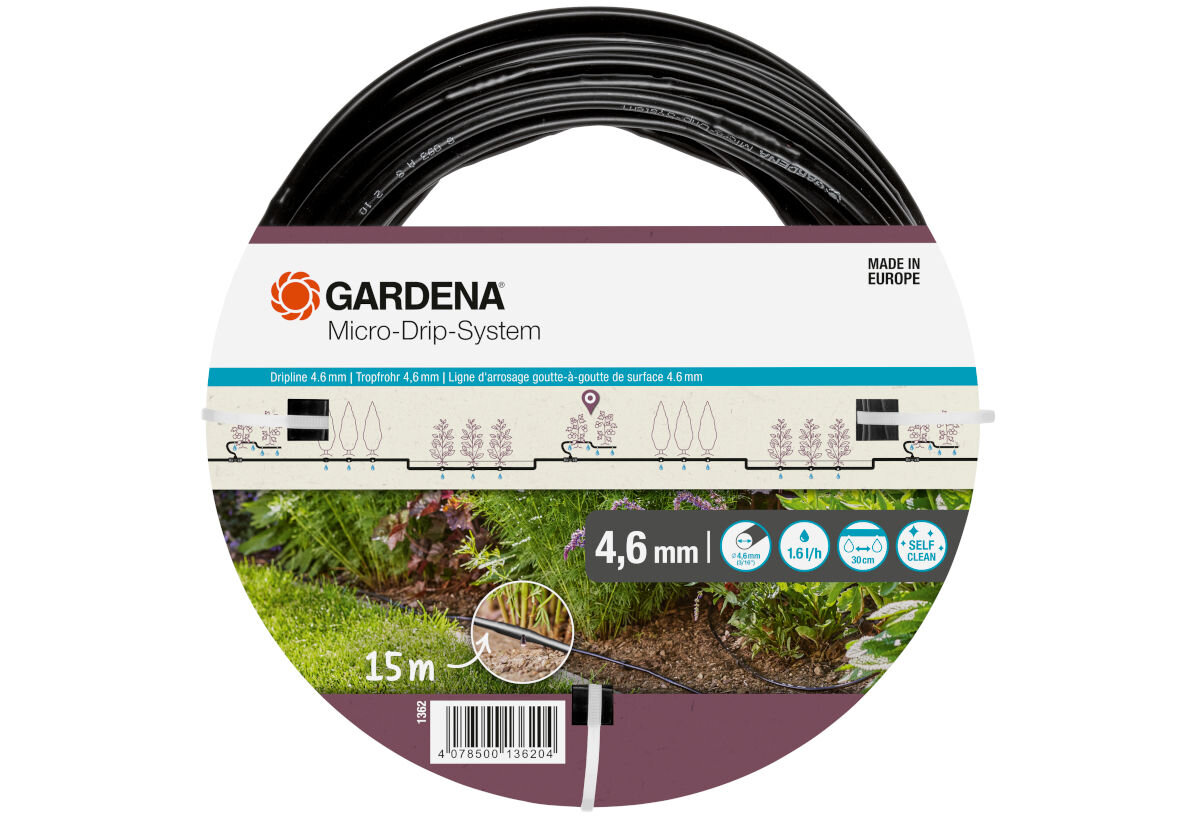 Linia kroplująca GARDENA Micro-Drip-System 1362-29 (15 m), równomierne, kroplownik, przepływ, rozmieszczenie, na białym tle opakowanie fabryczne linii kroplującej
