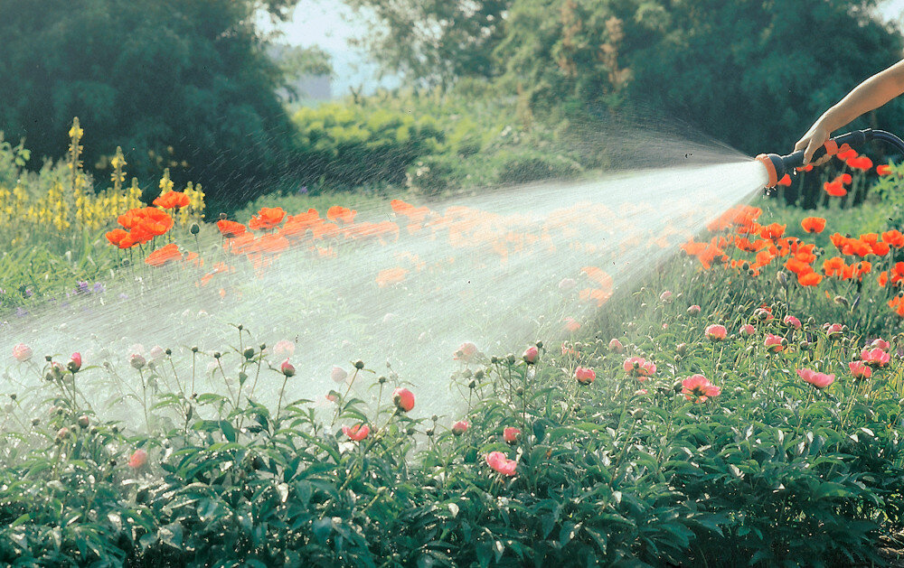 Zraszacz prosty GARDENA Profi-System trzyfunkcyjny z sitkiem 02847-20 ogród kwiaty maki osoba podlewa rośliny przepływ dużych ilości wody ułatwia podlewanie rozległych obszarów i szybkie mycie powierzchni