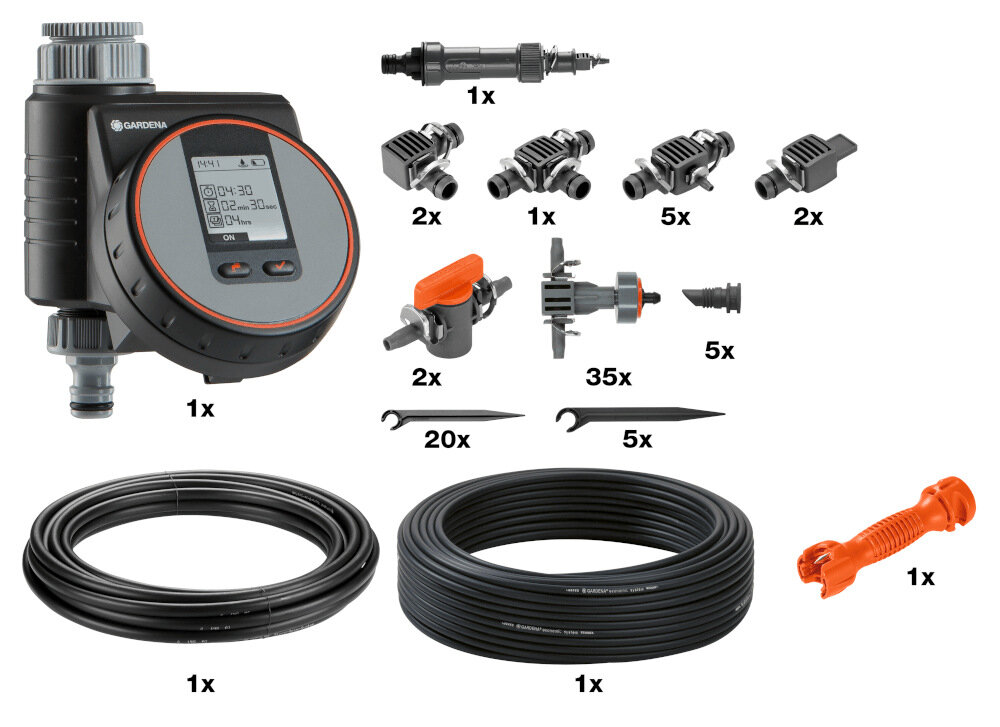 Zestaw do nawadniania roślin GARDENA Micro-Drip-System 13016-20 w zestawie 1 sterownik nawadniania Flex 1 reduktor ciśnienia 1000 15 metrów rury montażowej 15 metrów rury rozdzielczej 35 kroplowników rzędowych z kompensacją ciśnienia 1 łącznik 1 trójnik 5 rozdzielaczy T z redukcją 2 korki zamykające 2 zawory regulacyjne 5 korków zamykających 5 szpilek utrzymujących rurę 1/2 20 szpilek utrzymujących rurę 3/16 narzędzie do montażu instrukcja obsługi w języku polskim karta gwarancyjna nie zawiera sterownika nawadniania GARDENA innych systemów GARDENA Micro-Drip-System