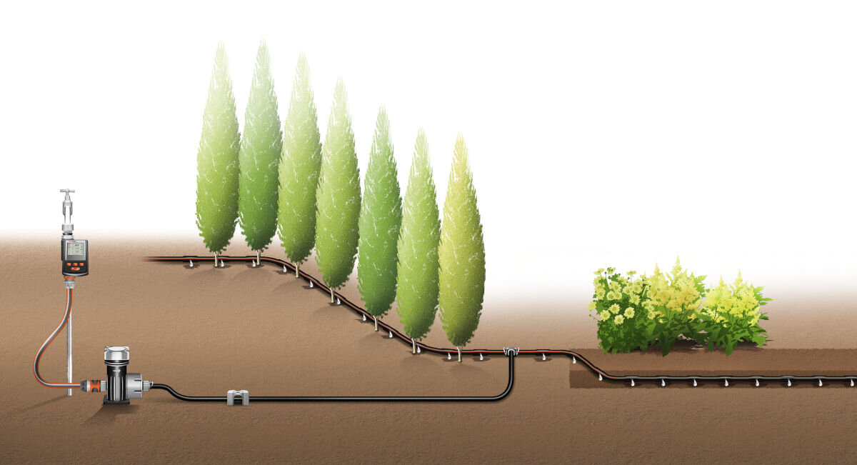 Linia kroplująca GARDENA Micro-Drip-System 01389-20 (50 m), Master Unit, rozbudowa, długość, instalacja, wizualizacja instalacji systemu do krzewów ale także i drzewek