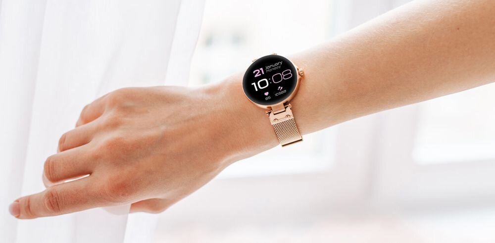 Smartwatch FOREVER Forevive Petite  ekran bateria czujniki zdrowie sport pasek ładowanie pojemność rozdzielczość łączność sterowanie krew puls rozmowy smartfon aplikacja 