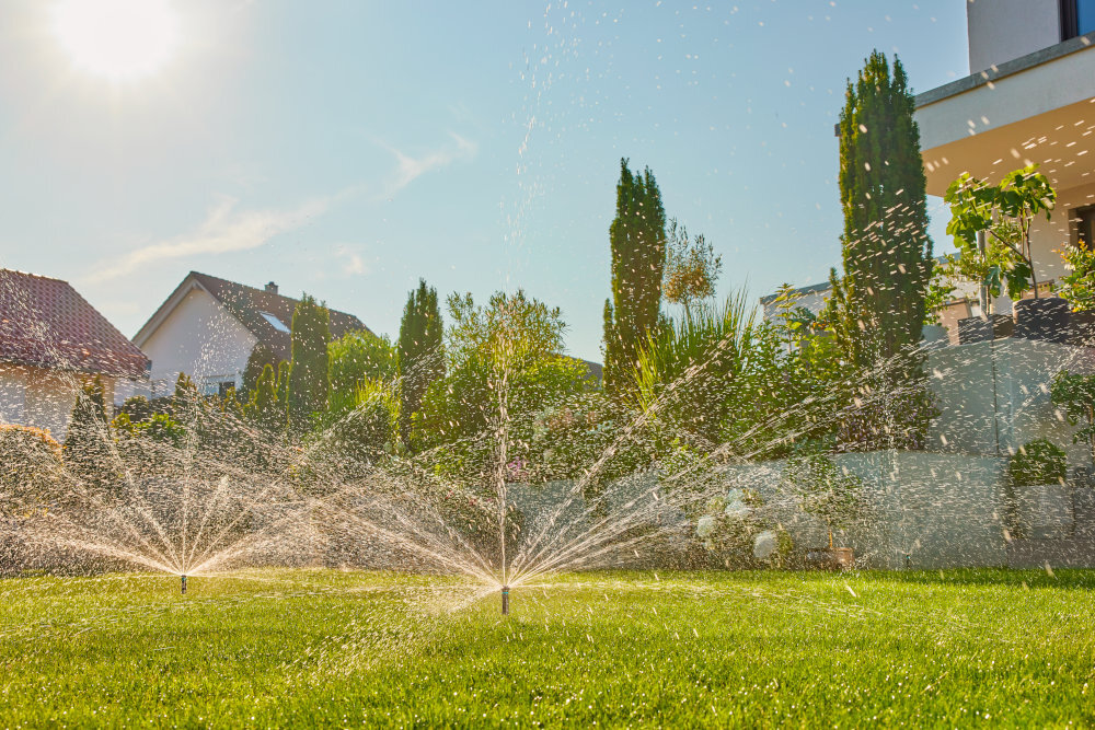 Zraszacz GARDENA MD40 08231-20 ogród trawnik trawa kilka zraszaczy podlewa trawę w tle domy krzewy drzewa kwiaty ustawienie sektora nawadniania w zakresie od 80° do 360° nie wymaga dodatkowych narzędzi