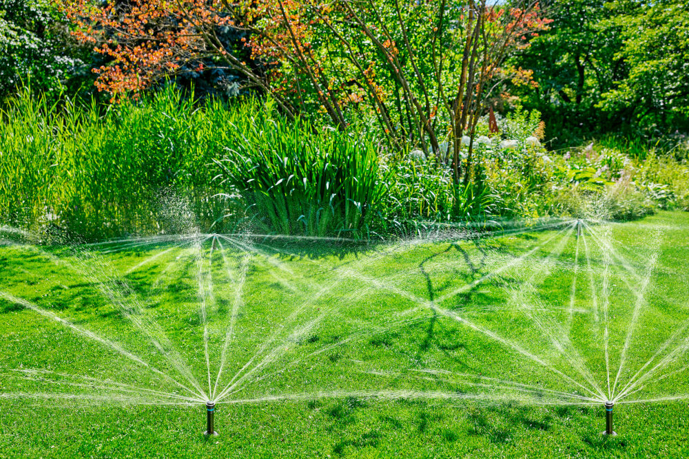 Zraszacz GARDENA MD40 08231-20 ogród trawnik trawa kilka zraszaczy podlewa trawę w tle krzewy drzewa kwiaty gwint wewnętrzny ½ cala współpraca z systemem GARDENA Sprinklersystem współpraca ze zraszaczami T200 czy T380 można tworzyć rozbudowane strefy nawadniania