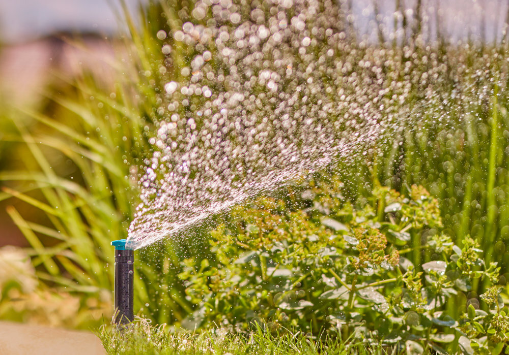 Zraszacz GARDENA SD80 8243-20 ogród trawnik trawa zraszacz podlewa rośliny w tle krzewy drzewa kwiaty automatyczne podlewanie pielęgnacja ogrodu oszczędność