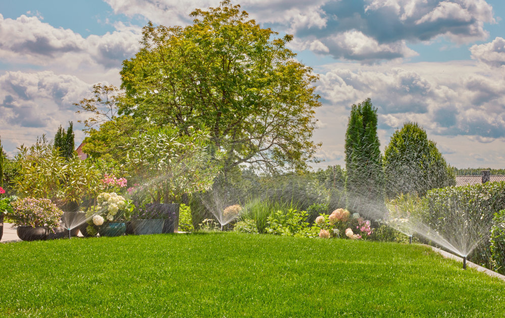 Zraszacz GARDENA SD80 8243-20 ogród trawnik trawa kilka zraszaczy podlewa trawę w tle krzewy drzewa kwiaty niebo ustawienie sektora nawadniania w zakresie od 5° do 360° nie wymaga dodatkowych narzędzi
