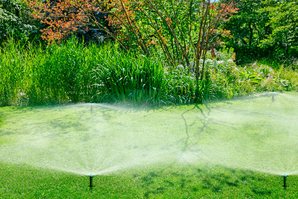 Zraszacz GARDENA SD80 8243-20 ogród trawnik trawa kilka zraszaczy podlewa trawę w tle krzewy drzewa kwiaty gwint wewnętrzny ½ cala współpraca z systemem GARDENA Sprinklersystem współpraca ze zraszaczami T200 czy T380 można tworzyć rozbudowane strefy nawadniania