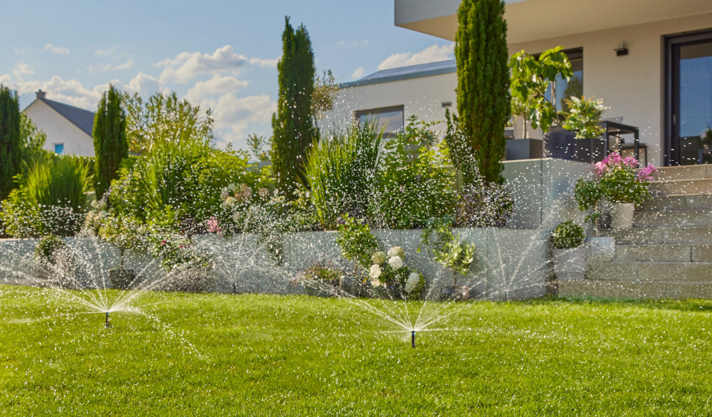 Zraszacz GARDENA MD180 08233-20 ogród trawnik trawa zraszacz podlewa rośliny w tle dom krzewy drzewa kwiaty automatyczne podlewanie pielęgnacja ogrodu oszczędność