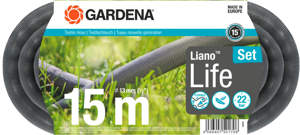 Wąż ogrodowy tekstylny GARDENA Liano Life zestaw 1-2 cala 15 m 18445-20 zestaw szybkozlacza dokumentacja