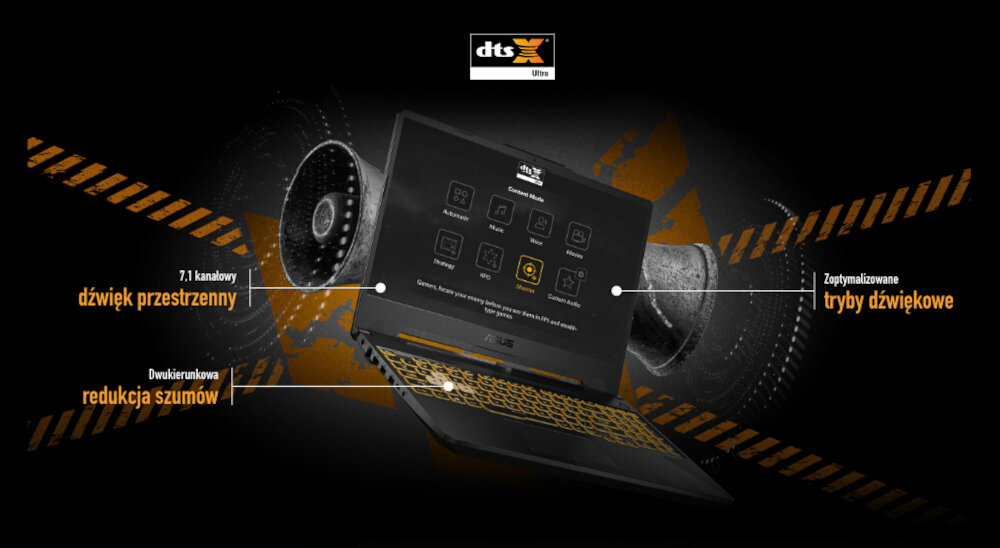 Laptop ASUS TUF Gaming F15 15.6 IPS 144Hz i5-10300H 16GB SSD 512GB GeForce GTX1650 Windows 11 Home ustawienia tryby jakość dźwięk
