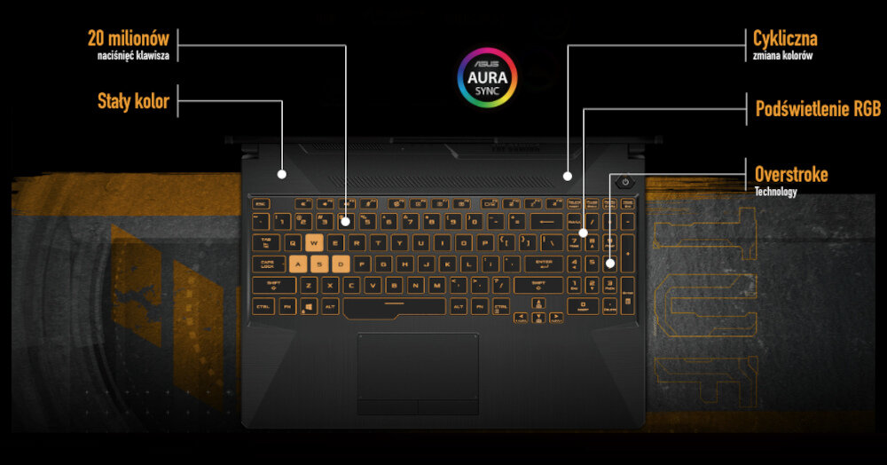 Laptop ASUS TUF Gaming F15 15.6 IPS 144Hz i5-10300H 16GB SSD 512GB GeForce GTX1650 Windows 11 Home klawiatura