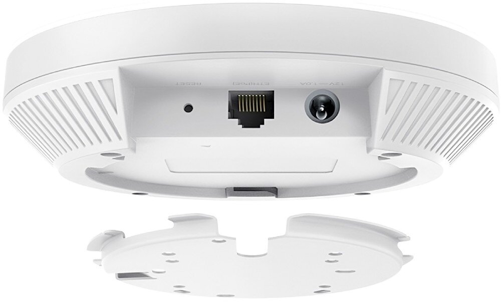 Punkt dostępu TP-LINK EAP613 Widok z dołu na urządzenie sieciowe z widocznym portem Ethernet, wejściem zasilania i uchwytem montażowym, wielkość, wygląd, montaż, zasilanie PoE