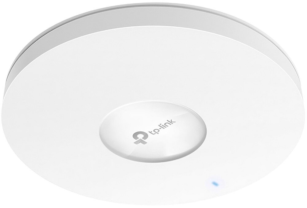 Punkt dostępu TP-LINK EAP613 Zbliżenie na płaskie, okrągłe urządzenie z logo producenta i małą diodą w dolnej części obudowy, zabezpieczenia, szyfrowanie WPA3