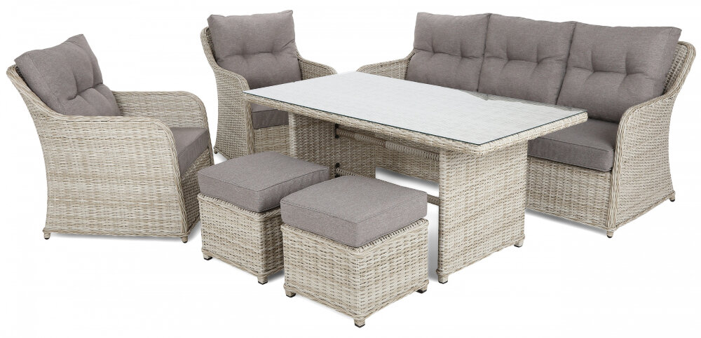 Zestaw mebli ogrodowych HOME & GARDEN Bergamo 923006 Beżowy strefa relaksu w ogrodzie wygodny odpoczynek włoski styl i elegancja dwa fotele 3-osobowa sofa stół dwie pufy w ciemnobrązowym kolorze dla 7 osób