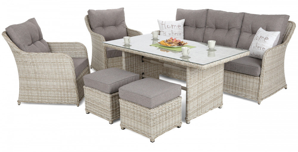 Zestaw mebli ogrodowych HOME & GARDEN Bergamo 923006 Beżowy niezwykła staranność dałość o najmniejszy szczegół stelaż z aluminium siedziska z technorattanu przypominające wiklinę solidność całej konstrukcji waga zestawu 52 kg przenoszenie przestawienie bardzo łatwe