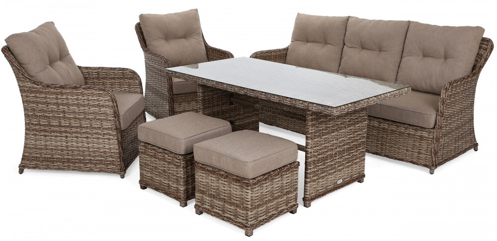 Zestaw mebli ogrodowych HOME & GARDEN Bergamo 614895 Brązowy strefa relaksu w ogrodzie wygodny odpoczynek włoski styl i elegancja dwa fotele 3-osobowa sofa stół dwie pufy w brązowym kolorze dla 7 osób