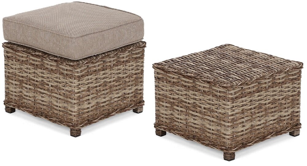 Zestaw mebli ogrodowych HOME & GARDEN Bergamo 614895 Brązowy dwie pufy wymiary 45 x 45 x 32 cm każda płaska powierzchnia jako dodatkowe stoliki