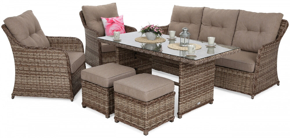 Zestaw mebli ogrodowych HOME & GARDEN Bergamo 614895 Brązowy niezwykła staranność dałość o najmniejszy szczegół stelaż z aluminium siedziska z technorattanu przypominające wiklinę solidność całej konstrukcji waga zestawu 52 kg przenoszenie przestawienie bardzo łatwe