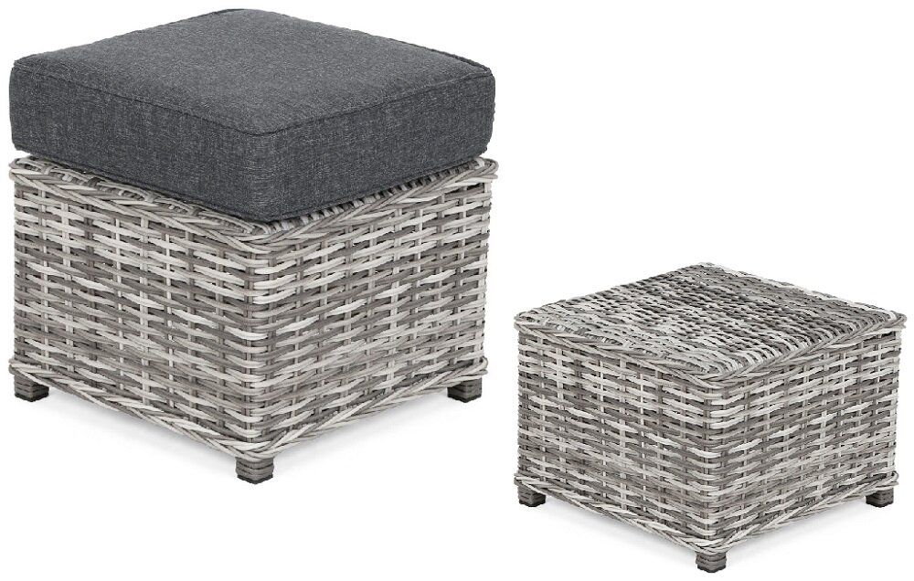 Zestaw mebli ogrodowych HOME & GARDEN Bergamo 456235 Szary dwie pufy wymiary 45 x 45 x 32 cm każda płaska powierzchnia jako dodatkowe stoliki