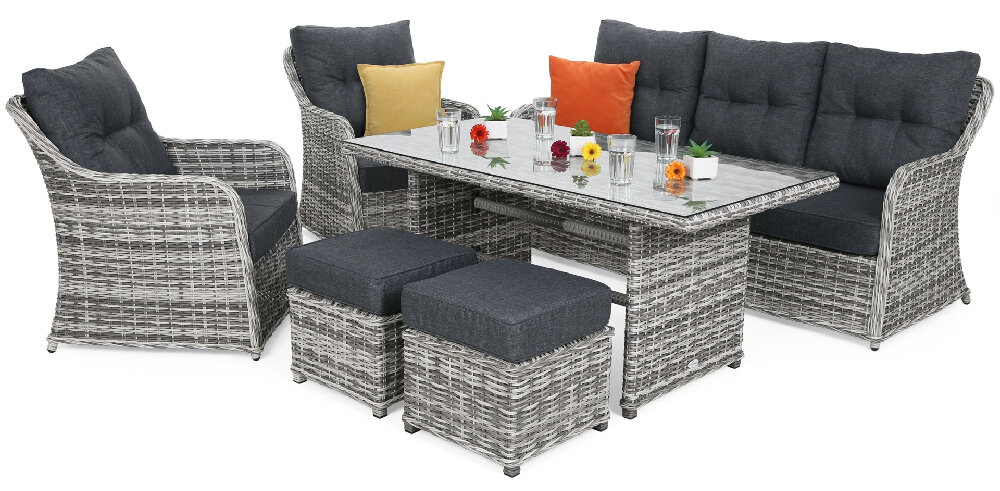 Zestaw mebli ogrodowych HOME & GARDEN Bergamo 456235 Szary niezwykła staranność dałość o najmniejszy szczegół stelaż z aluminium siedziska z technorattanu przypominające wiklinę solidność całej konstrukcji waga zestawu 52 kg przenoszenie przestawienie bardzo łatwe