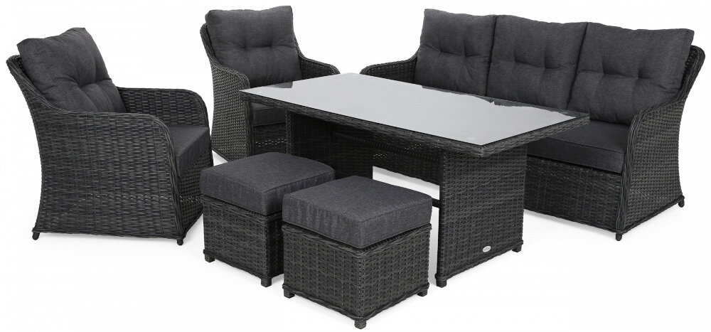 Zestaw mebli ogrodowych HOME & GARDEN Bergamo 456852 Ciemnoszary strefa relaksu w ogrodzie wygodny odpoczynek włoski styl i elegancja dwa fotele 3-osobowa sofa stół dwie pufy w ciemnoszarym kolorze dla 7 osób