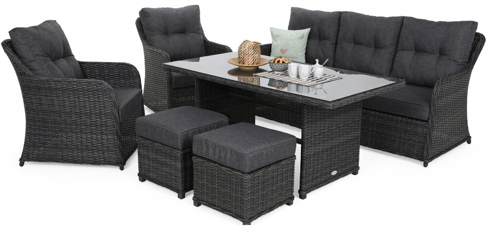 Zestaw mebli ogrodowych HOME & GARDEN Bergamo 456852 Ciemnoszary niezwykła staranność dałość o najmniejszy szczegół stelaż z aluminium siedziska z technorattanu przypominające wiklinę solidność całej konstrukcji waga zestawu 52 kg przenoszenie przestawienie bardzo łatwe