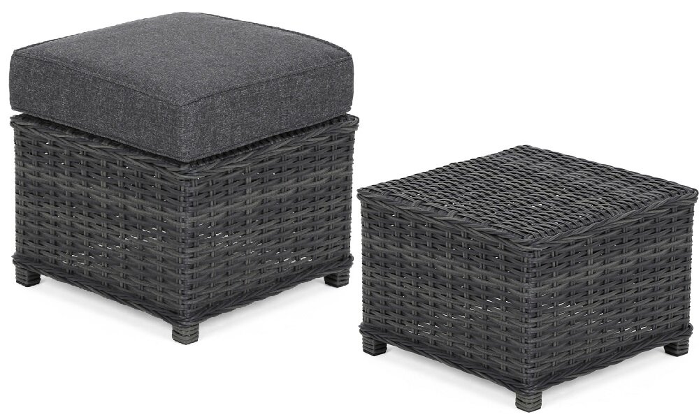 Na obrazie widoczne są dwa elementy zestawu mebli ogrodowych w kolorze szarym, wykonane z plecionki. Jeden z elementów ma poduszkę na górze, a drugi jest płaski.