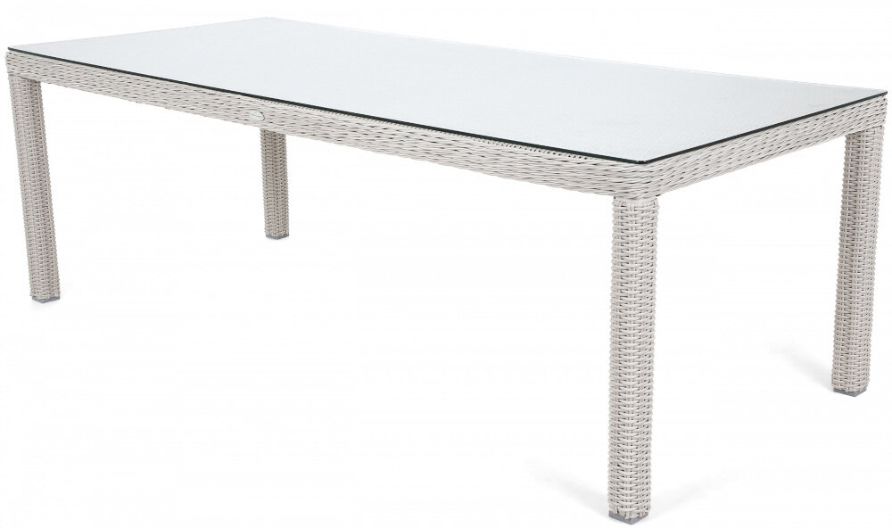 Zestaw mebli ogrodowych HOME & GARDEN Bristol 490754 Biało-szary stół duży blat ze szkła hartowanego o grubości 8 mm odporne na zarysowania wymiary 100 x 230 x 75 cm jednoczesne wsunięcie pod blat trzech foteli