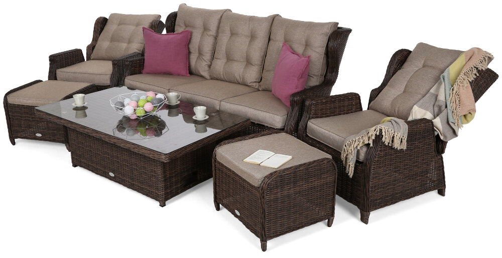 Zestaw mebli ogrodowych HOME & GARDEN Memfis 721593 Brązowy niezwykła staranność dałość o najmniejszy szczegół stelaż z aluminium malowany proszkowo siedziska z ciasno splecionego technorattanu przypominające wiklinę solidność całej konstrukcji waga zestawu 102 kg przenoszenie przestawienie bardzo łatwe