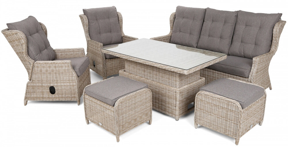 Zestaw mebli ogrodowych HOME & GARDEN Memfis 677683 Beżowy strefa relaksu w ogrodzie wygodny odpoczynek włoski styl i elegancja dwa fotele 3-osobowa sofa stół dwie pufy w beżowym kolorze dla 7 osób