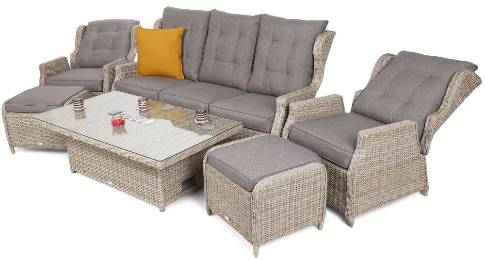 Zestaw mebli ogrodowych HOME & GARDEN Memfis 677683 Beżowy niezwykła staranność dałość o najmniejszy szczegół stelaż z aluminium malowany proszkowo siedziska z ciasno splecionego technorattanu przypominające wiklinę solidność całej konstrukcji waga zestawu 102 kg przenoszenie przestawienie bardzo łatwe