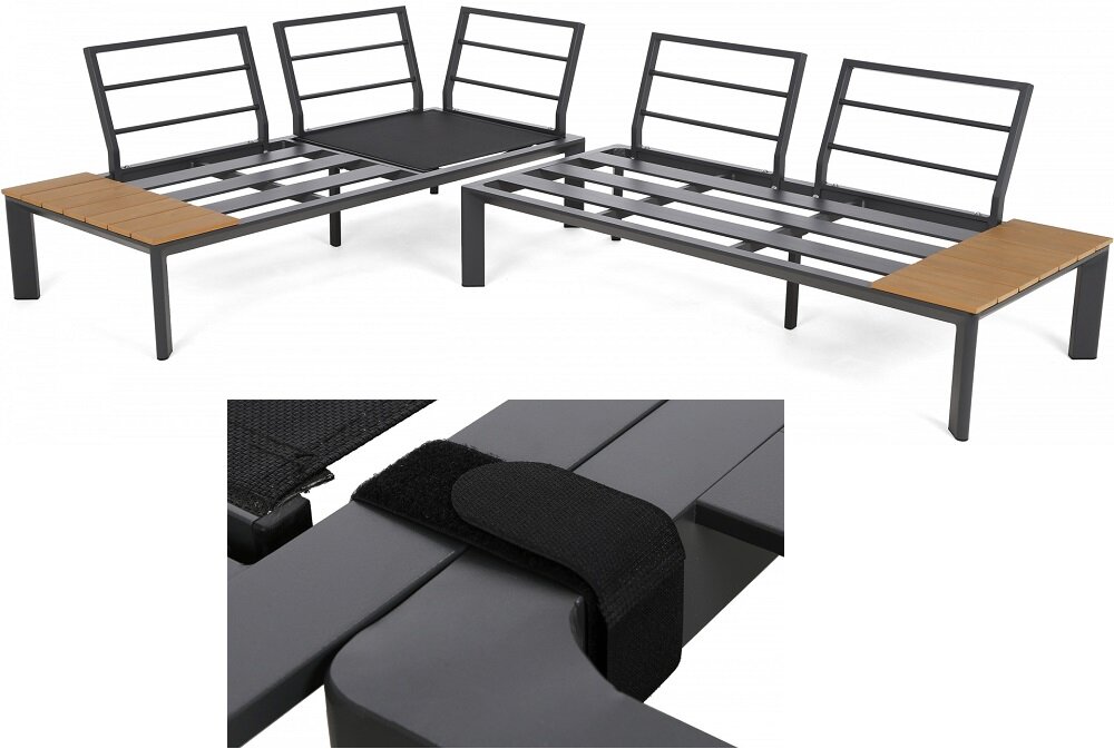 Zestaw mebli ogrodowych HOME & GARDEN Nicea 503477 Ciemnoszary z najwyższej jakości aluminiowych profili pomoalowane metodą proszkową bardzo wytrzymałe odporne na skrajne warunki atmosferyczne stolik pokryty deską kompozytową w kolorze drewna segmenty łączone za pomocą taśmy spinającej