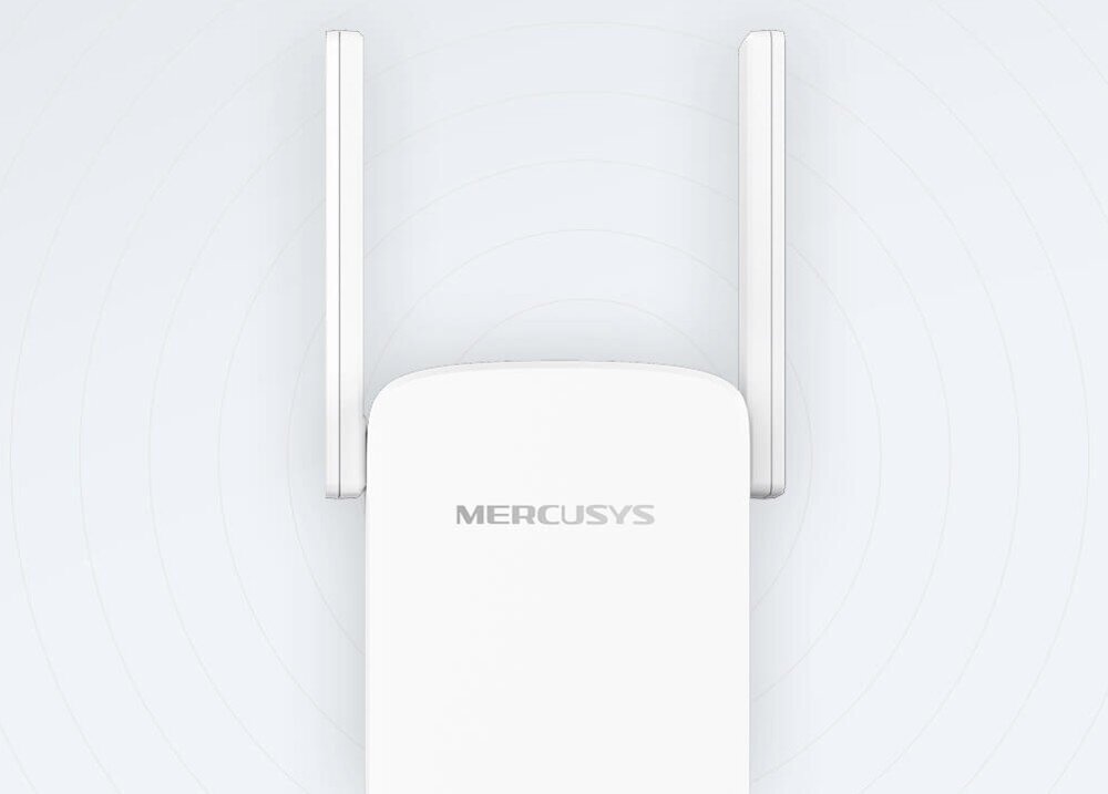 Wzmacniacz sieci MERCUSYS ME50G 2.4 / 5 GHz, Wi-Fi 5 (802.11 b/g/n/ac) przybliżenie na anteny z wizualizacją sygnału Wi-Fi wokół przepustowość łączność pasma