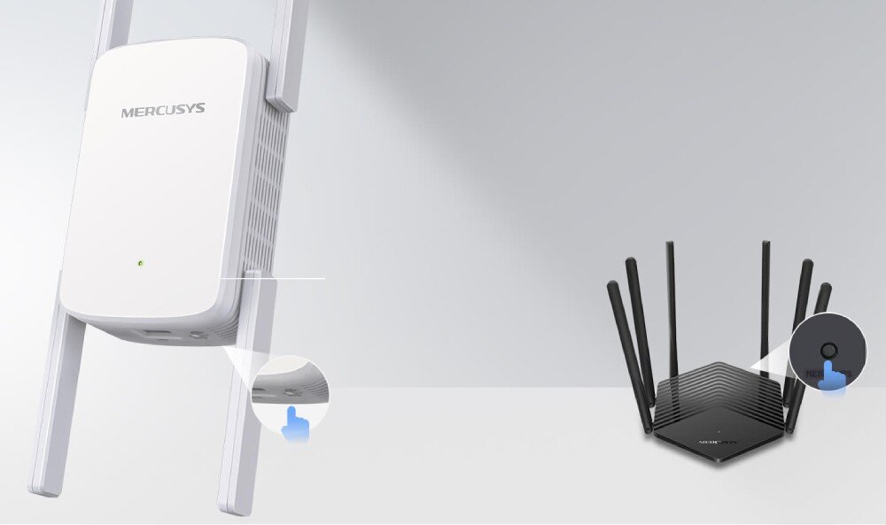 Wzmacniacz sieci MERCUSYS ME50G 2.4 / 5 GHz, Wi-Fi 5 (802.11 b/g/n/ac) proces konfiguracji poprzez przycisk WPS na wzmacniaczu i routerze dioda LED