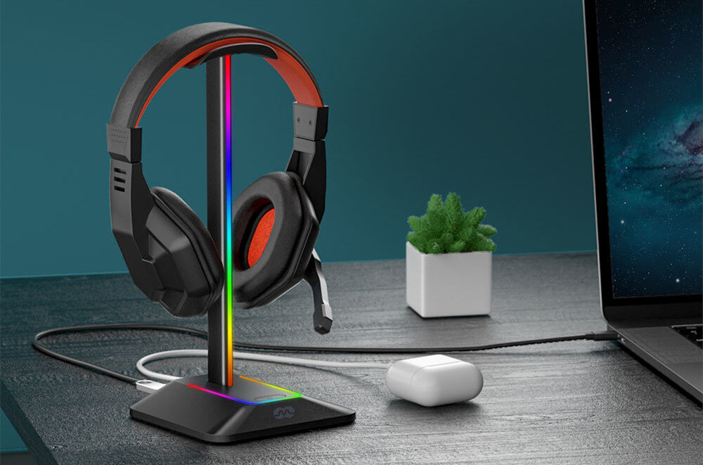 Stojak na słuchawki MOZOS D12 RGB LED podświetlenie efekty obsługa przycisk regulacja